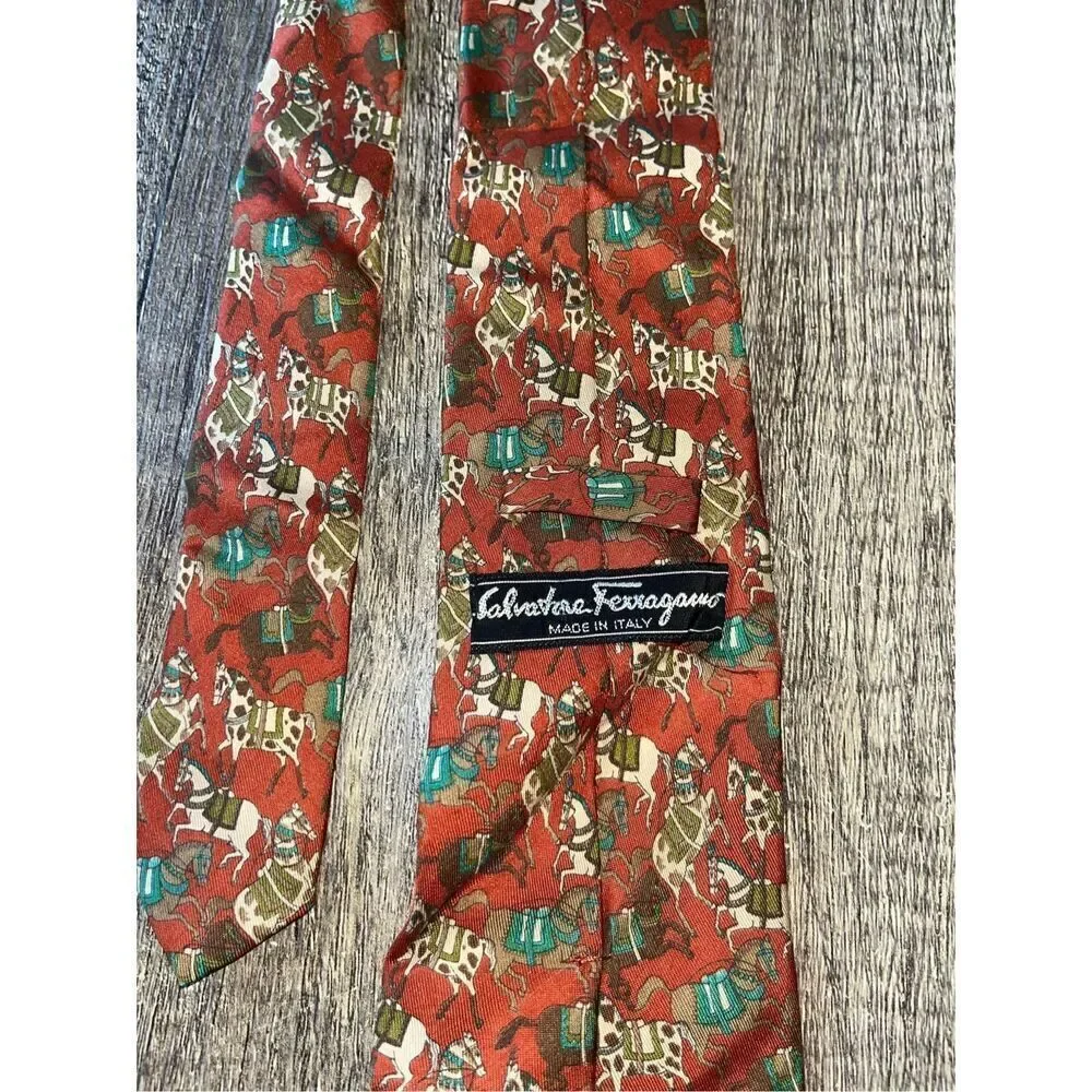 Salvatore Ferragamo Men's US Horse Print Orange Red Silk Necktie